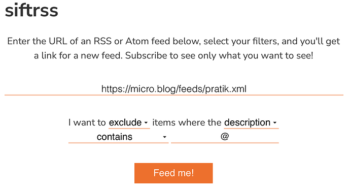 Rule-based RSS filtering is set to I want to exclude items where the description contains @.