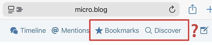 Auto-generated description: A digital interface displays a toolbar with options including Timeline, @ Mentions, Bookmarks, and Discover on the micro.blog platform.