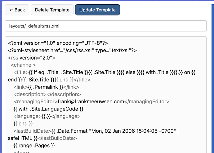 A screenshot shows XML code for an RSS feed template with tags defining metadata such as title, link, and language, displayed on a computer interface.