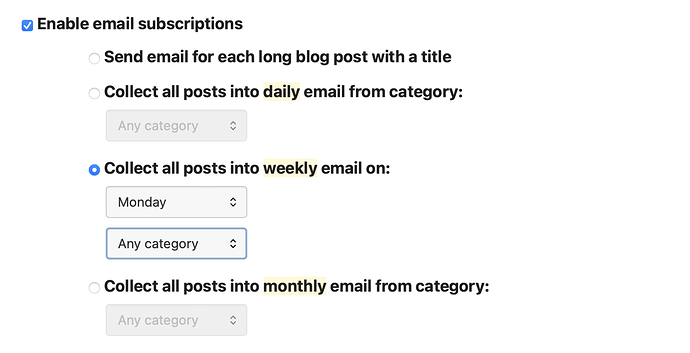 Newsletter options screenshot.