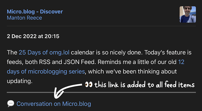 Screenshot showing a post in a feed reader. Directly below the post, there's a link: Conversation on Micro.blog. A handwritten text says: this link is added to all feed items.