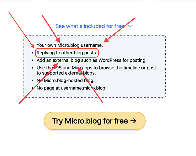 Screenshot of the Micro.blog Homepage, showing a list of features for free accounts.