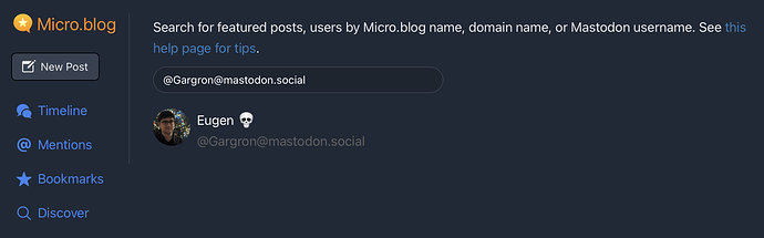 Screenshot from Micro.blog’s Discover section. Search result page with one hit for the term @Gargon@mastodon.social.