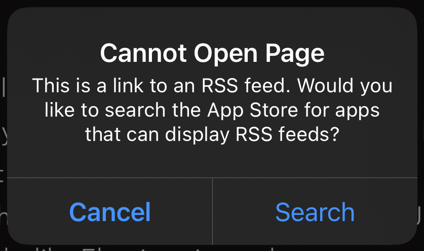 Cannot Open Page. This is a link to an RSS feed. Would you like to search the App Store for apps that can display RSS feeds? Cancel, Search.